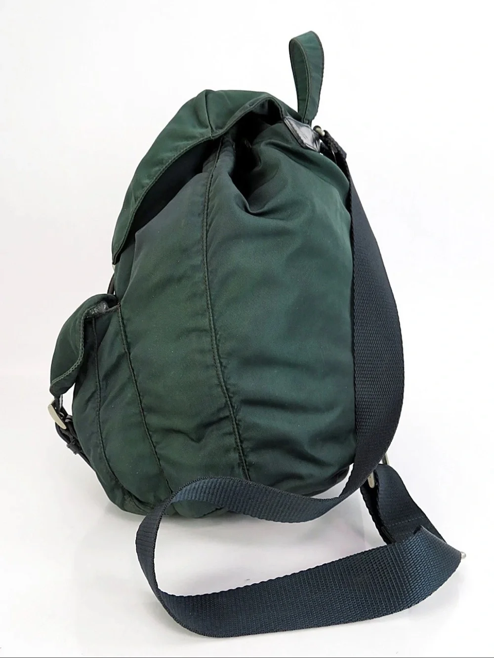 Prada Dark Green Nylon Drawstring Backpack with Front Pockets